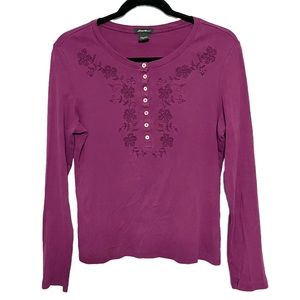 Eddie Bauer Burgundy 1/4 Button Cotton Henley w/Floral Detail